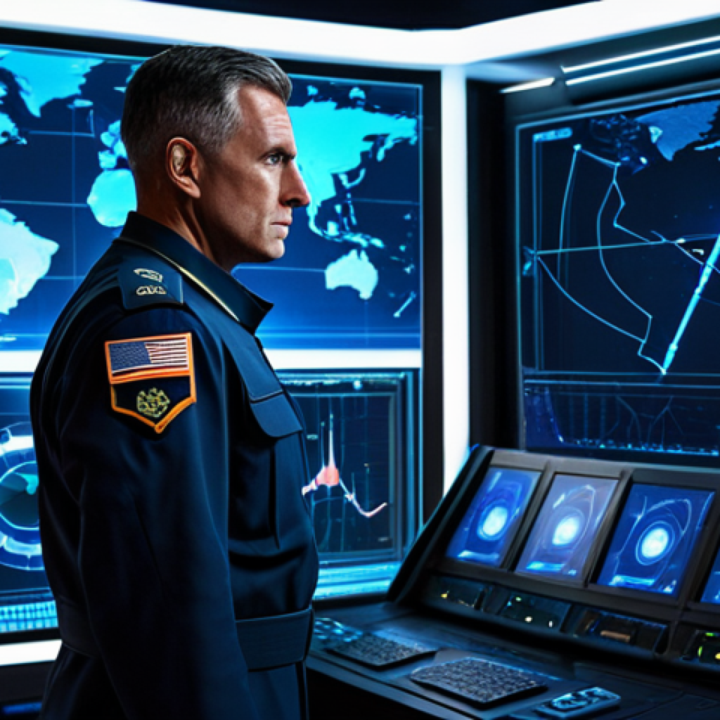 A professional male military commander in a modest, dark blue, fully clothed military uniform, standing attentively in a high-tech, futuristic command center. He is deeply focused on a glowing holographic tactical map that displays abstract, fluid unit movements and strategic data. The environment features sleek metallic surfaces, multiple glowing screens, and ambient blue lighting, with global map projections in the background. Perfect anatomy, correct proportions, natural pose, well-formed hands, proper finger count, natural body proportions, high-quality, ultra-detailed, professional photography, cinematic lighting, safe for work, appropriate content, fully clothed, professional dress, family-friendly.