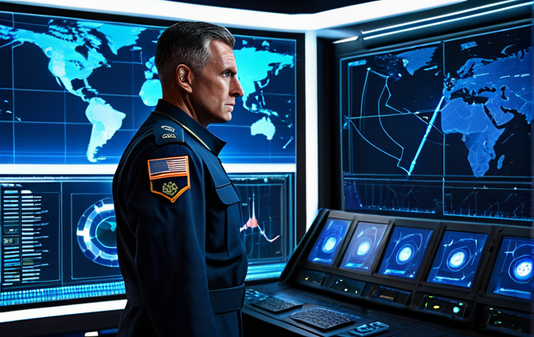 A professional male military commander in a modest, dark blue, fully clothed military uniform, standing attentively in a high-tech, futuristic command center. He is deeply focused on a glowing holographic tactical map that displays abstract, fluid unit movements and strategic data. The environment features sleek metallic surfaces, multiple glowing screens, and ambient blue lighting, with global map projections in the background. Perfect anatomy, correct proportions, natural pose, well-formed hands, proper finger count, natural body proportions, high-quality, ultra-detailed, professional photography, cinematic lighting, safe for work, appropriate content, fully clothed, professional dress, family-friendly.