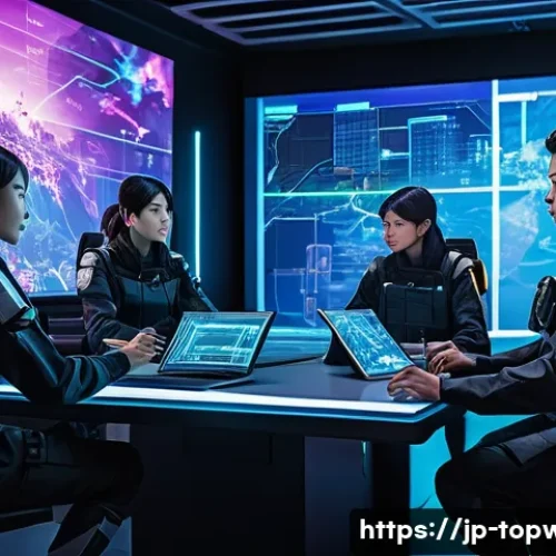top war 비활성 플레이어 관리 - A dynamic, futuristic strategy game clan meeting scene in a high-tech virtual war room, featuring di...
