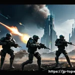 top war 아이템 등급 - A dynamic battle scene in a futuristic war game setting, featuring heavily armored soldiers equipped...