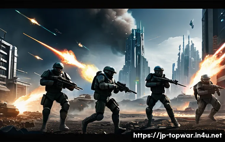 top war 아이템 등급 - A dynamic battle scene in a futuristic war game setting, featuring heavily armored soldiers equipped...