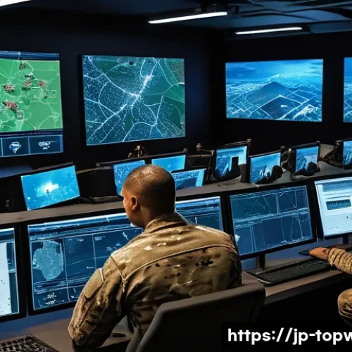 top war 병력 관리 전략 - A detailed strategic war room scene set in a modern military base, featuring diverse infantry, caval...