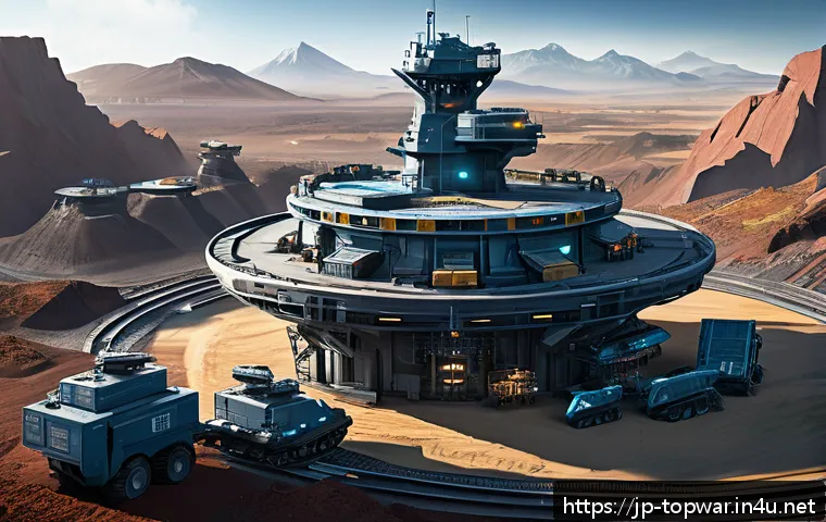 top war 무과금으로 살아남는 법 - A detailed digital illustration of a futuristic resource base in a strategy game, featuring upgraded...