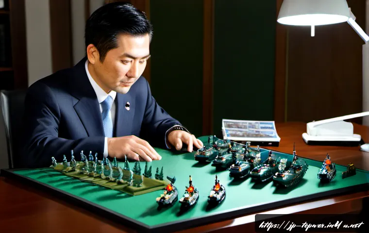 top war 리더십 증가 방법 - Photorealistic Japanese business leader studying a tabletop military strategy board with miniature t...