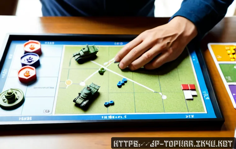 top war 초보자 실수 피하기 - Photorealistic overhead view of a Japanese adult beginner carefully planning a colorful tabletop mil...