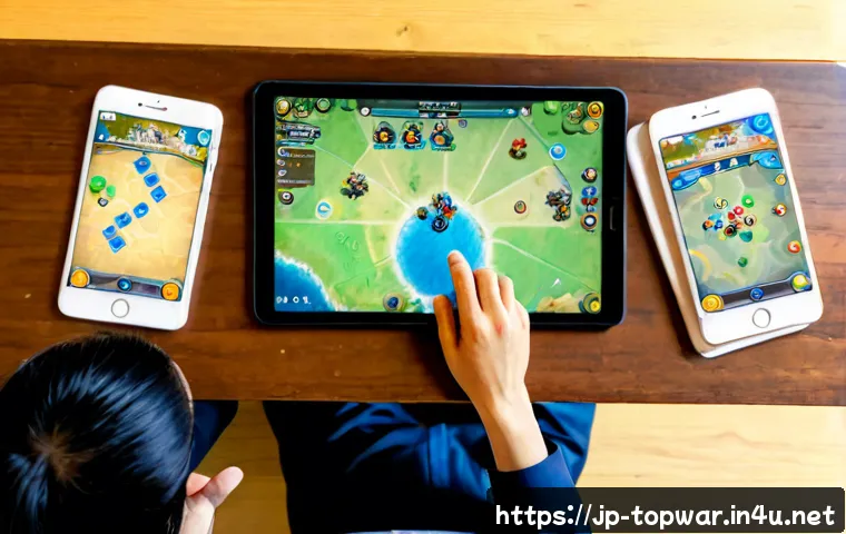 top war 군단 관리 노하우 - Photorealistic overhead view of a focused Japanese gaming team coordinating a mobile strategy game g...