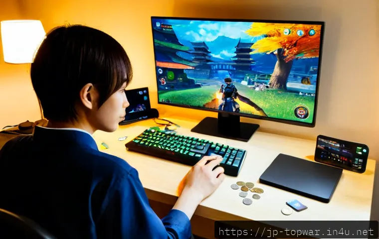 top war 과금 유저를 위한 전략 - Photorealistic Japanese mobile strategy gamer at a clean modern desk, thoughtfully comparing two sma...